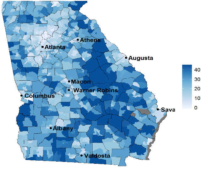 Heatmap showing Travel Distance to Preventive Dental Care for Medicaid-eligible children in Georgia 